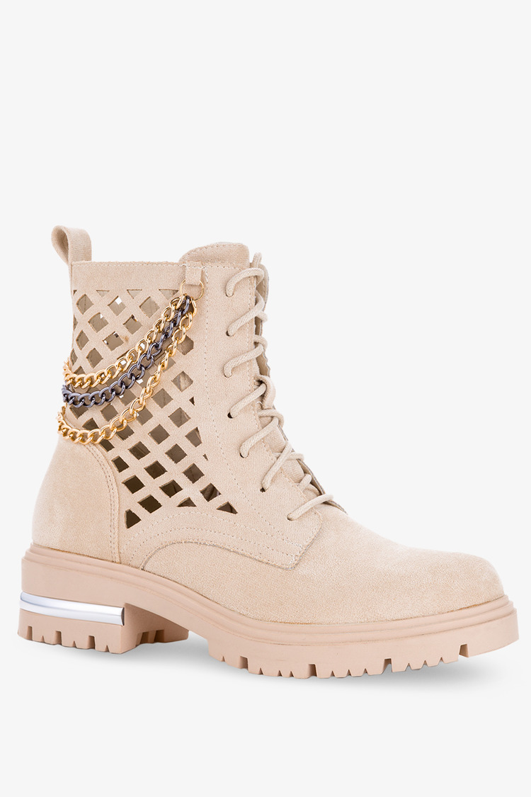 Beżowe botki ażurowe na platformie z łańcuszkiem sznurowane Casu G22X7-LB