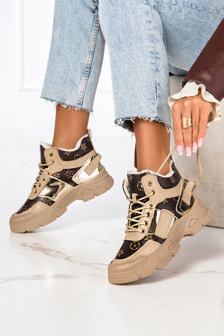 Beżowe botki sneakersy z futerkiem sznurowane Casu MB-113