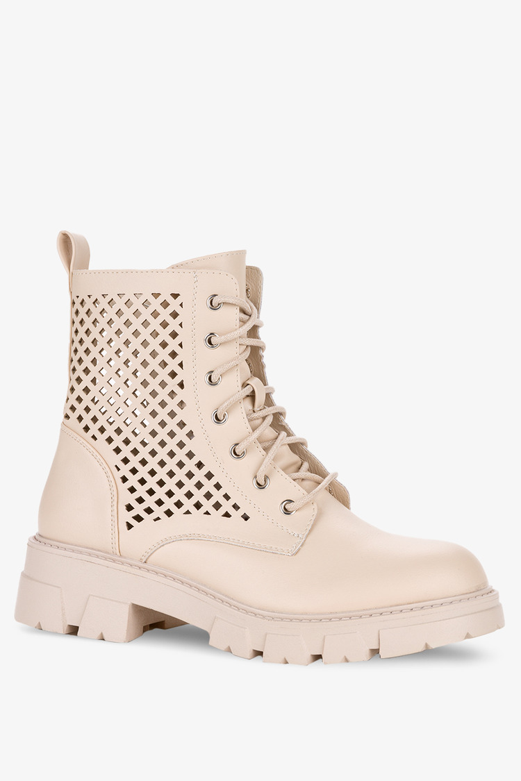 Beżowe botki workery ażurowe na platformie sznurowane Casu G22X4-BE