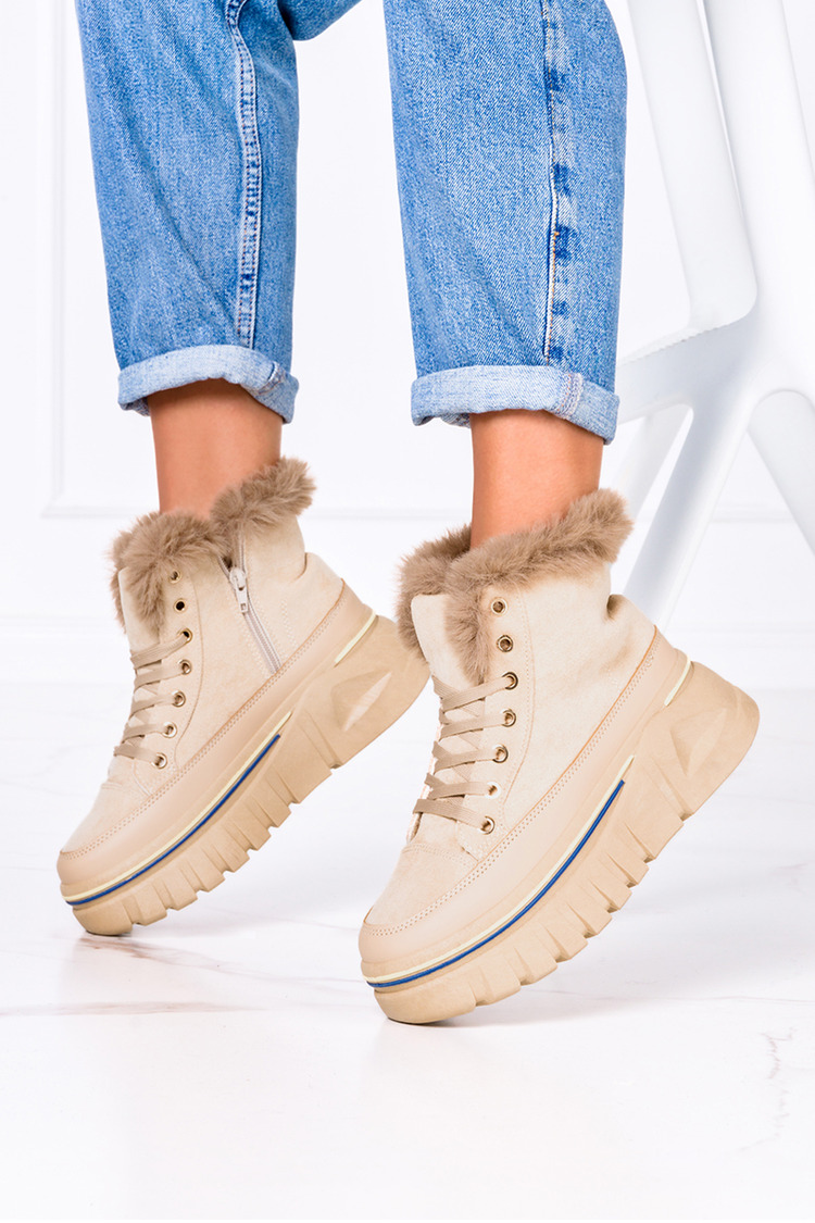 Beżowe botki z futerkiem na platformie sznurowane Casu 8237-3