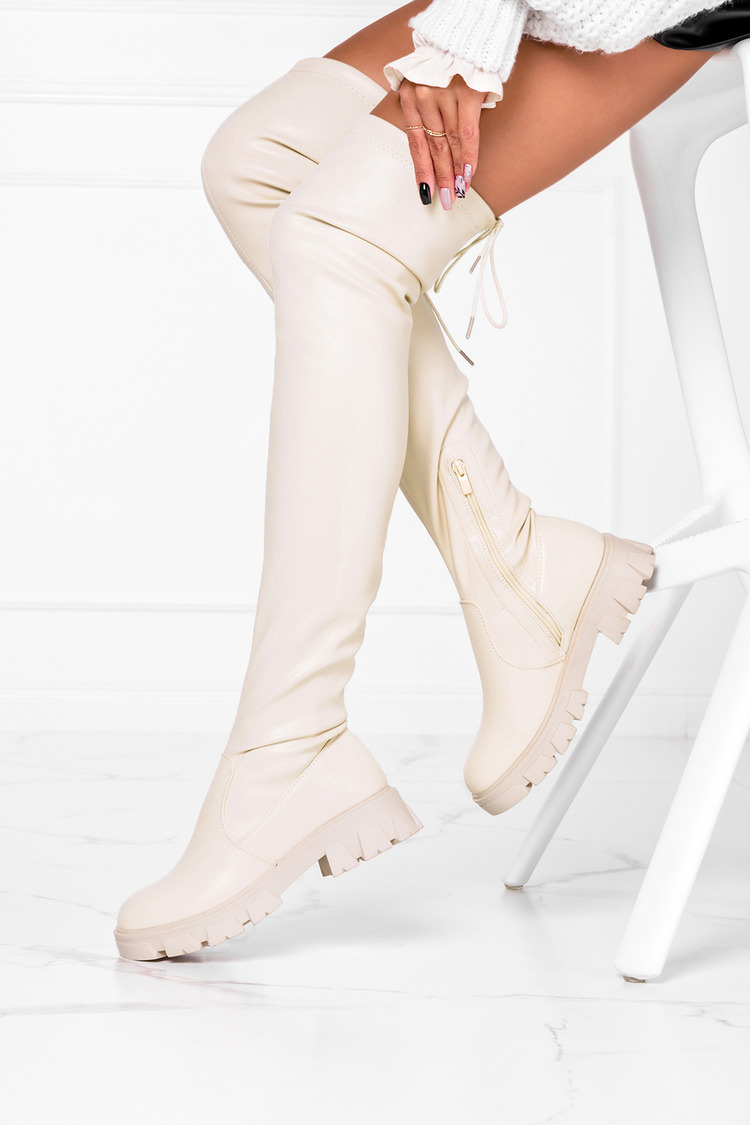 Beżowe kozaki za kolano na platformie z elastyczną cholewką Casu J21X11-BE
