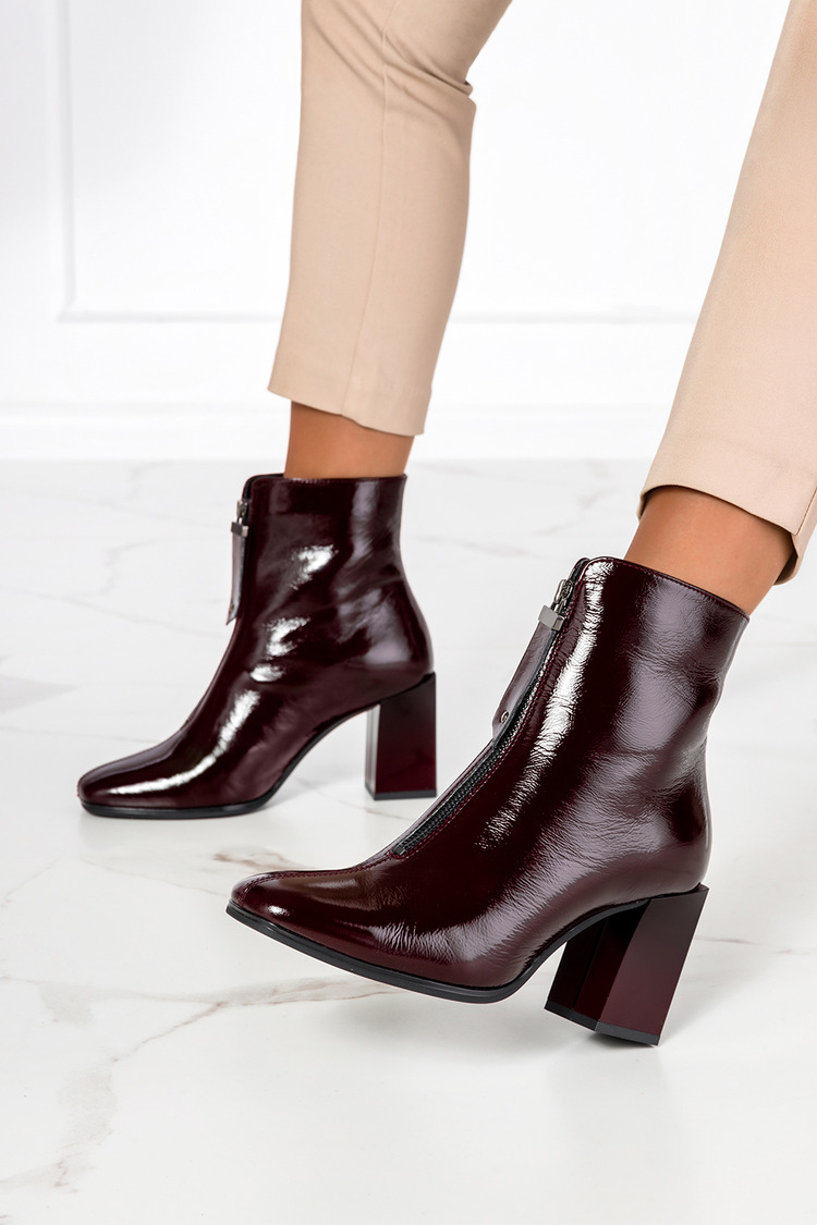 Bordowe botki na klocku lakierowane polska skóra Casu 2248