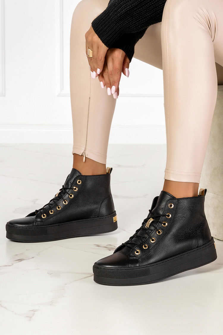 Czarne trampki wysokie creepersy sznurowane polska skóra Casu 3278