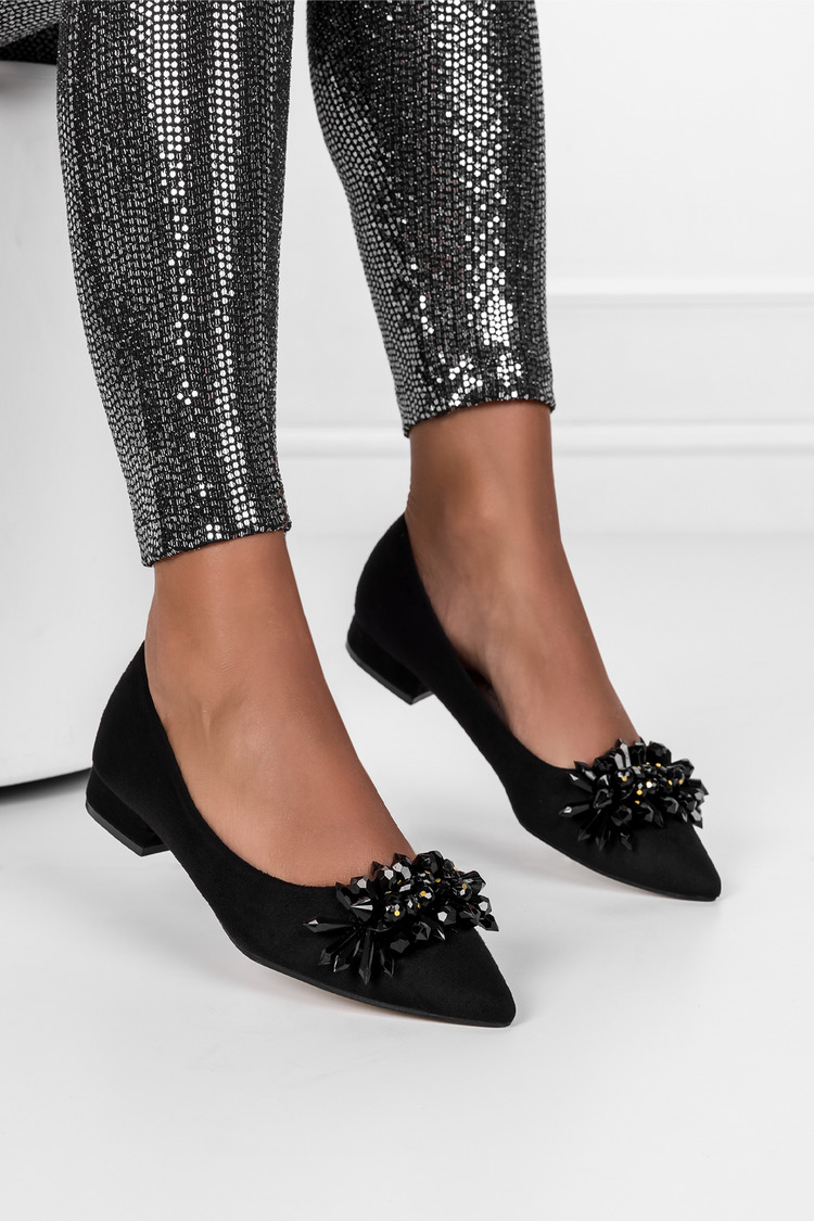 Czarne baleriny z kryształkami damskie ze skórzaną wkładką Casu D23WX13-BB