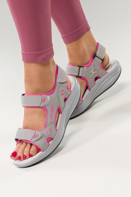Szare sandały damskie sportowe na rzep platforma skórzana wkładka różowe wstawki Casu 2402-5W