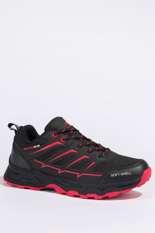 Czarne buty trekkingowe damskie buty sportowe na bieżnikowanej podeszwie sznurowane czerwone wstawki softshell Casu 2408-3W