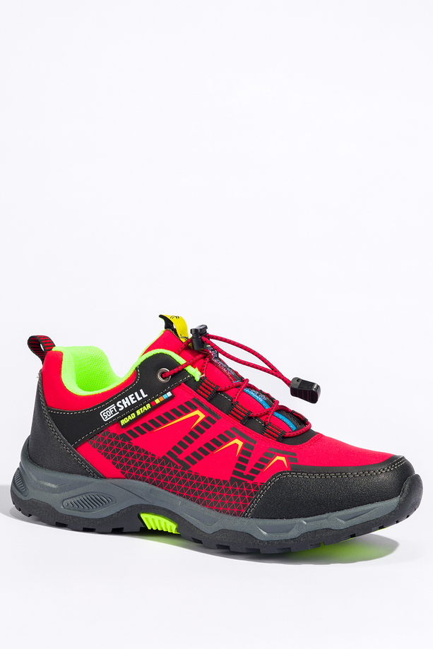 Czerwone buty trekkingowe damskie buty sportowe na bieżnikowanej podeszwie z regulowaną elastyczną sznurówką czarne wstawki softshell Casu 2213-3W