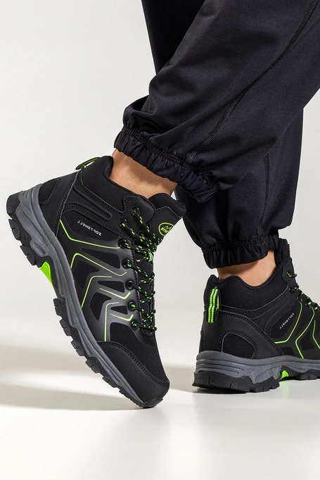 Czarne buty trekkingowe damskie z seledynowymi dodatkami sznurowane softshell Casu B2115-2