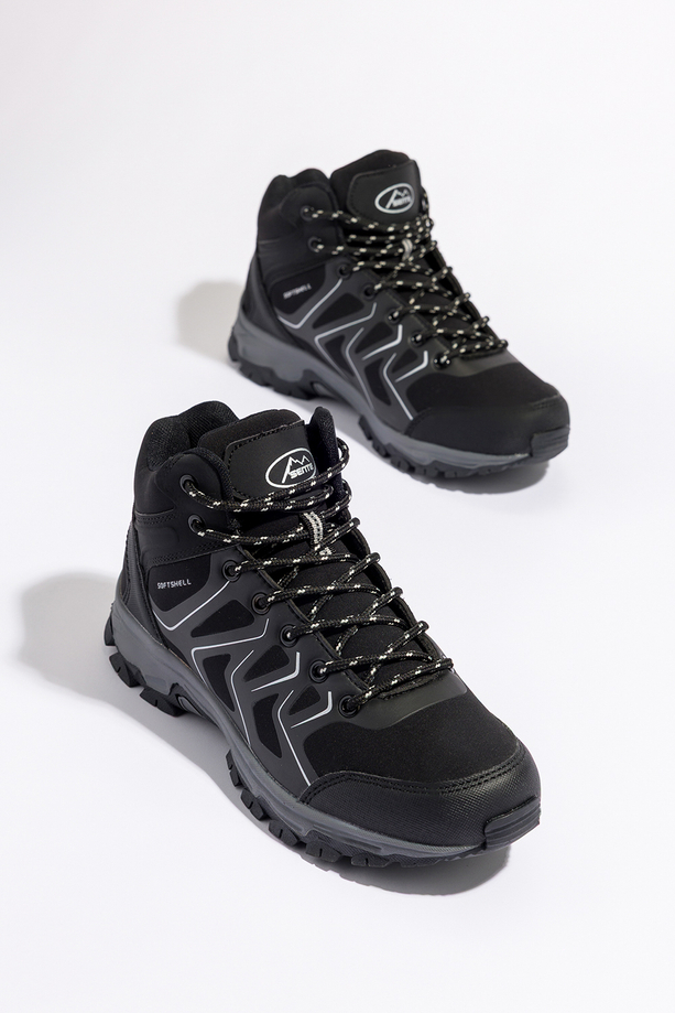Czarne buty trekkingowe damskie z szarymi dodatkami sznurowane softshell Casu B2115-1