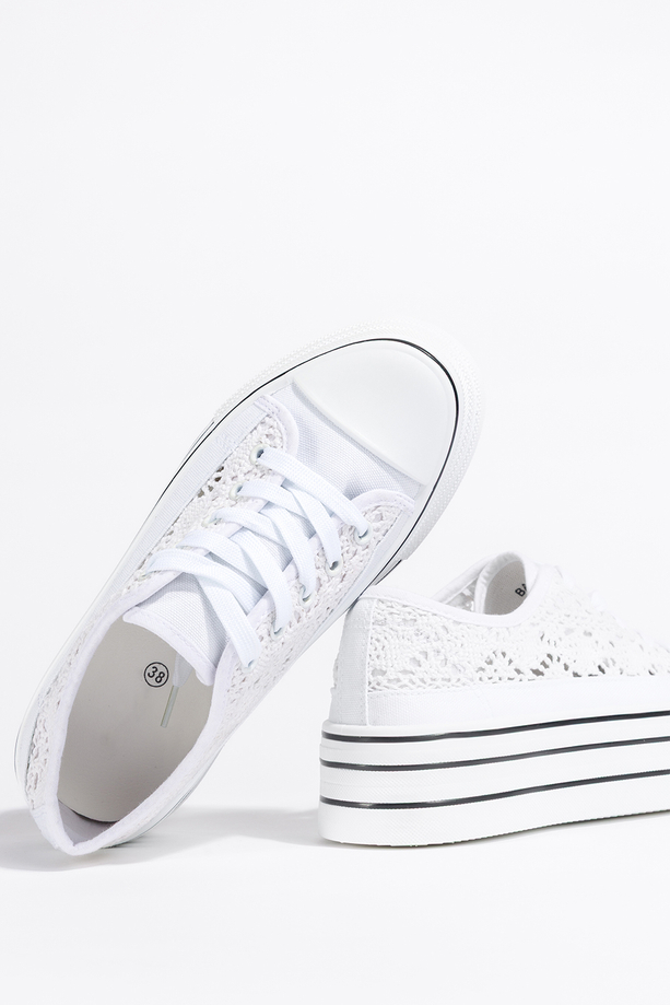 Białe trampki damskie ażurowe sneakersy na platformie koronkowe sznurowane Carla BA152-41