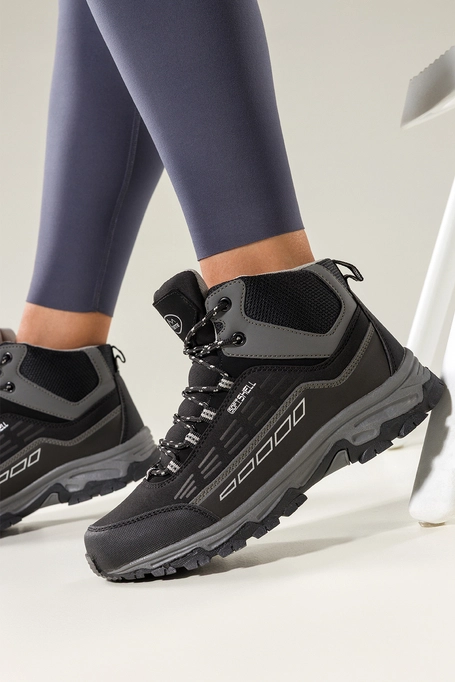 Czarne buty trekkingowe damskie z szarymi dodatkami sznurowane softshell Casu Y7994-8