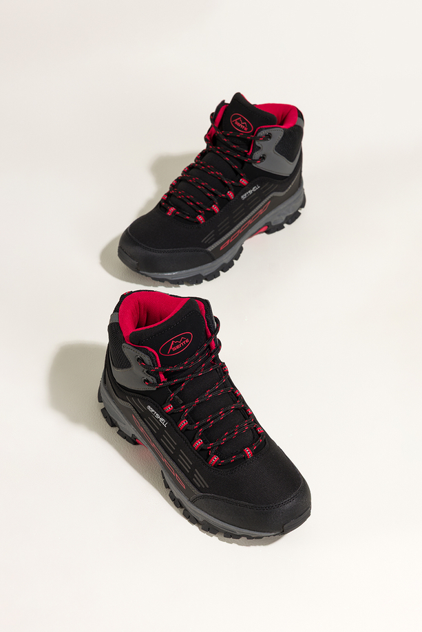 Czarne buty trekkingowe damskie z czerwonymi dodatkami sznurowane softshell Casu Y7994-6