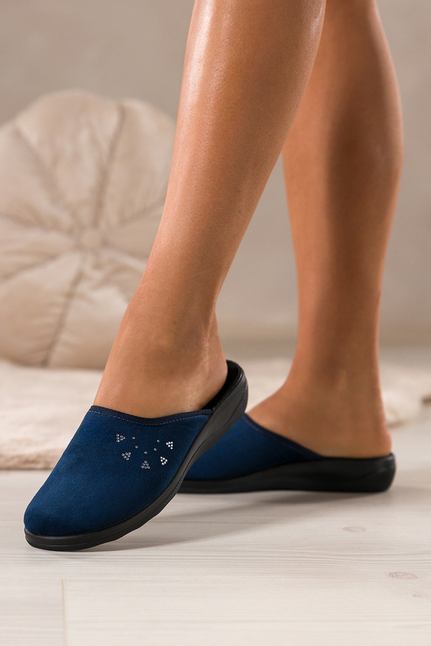 Granatowe kapcie damskie Inblu obuwie domowe z cyrkoniami XF99990S