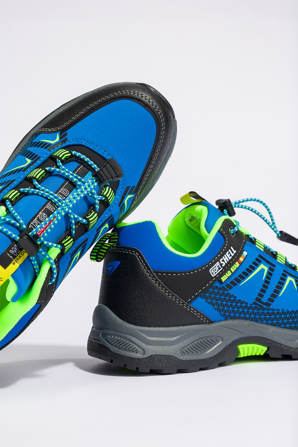Niebieskie buty trekkingowe damskie buty sportowe na bieżnikowanej podeszwie z regulowaną elastyczną sznurówką seledynowe wstawki softshell Casu 2213-6W
