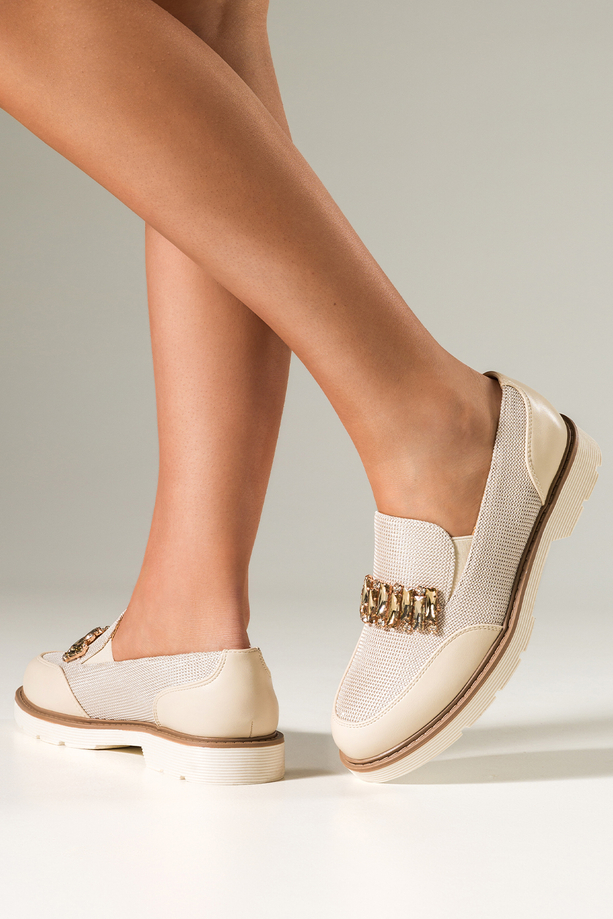 Beżowe mokasyny damskie błyszczące z kryształkami gumki w cholewce skórzana wkładka Casu JW25X5-G