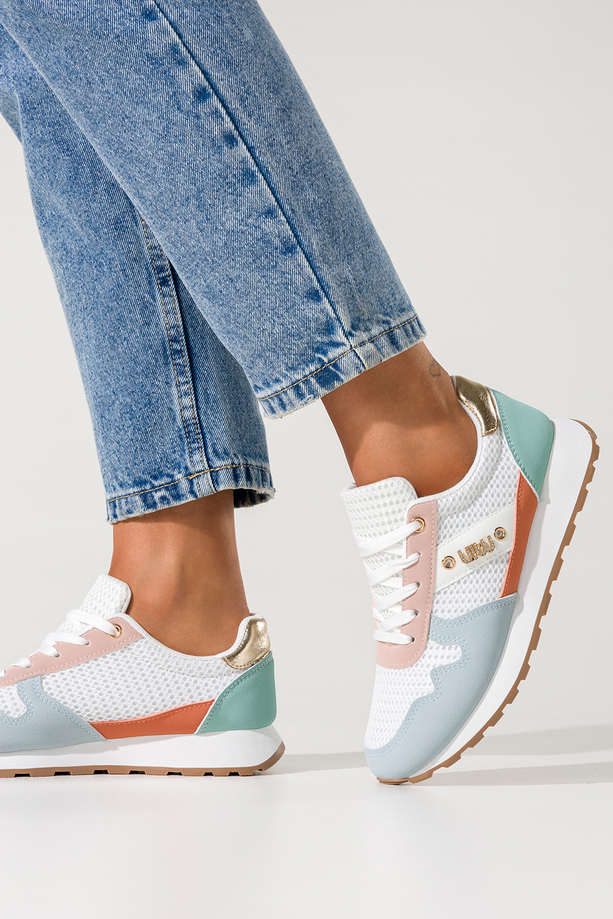 Wielokolorowe sneakersy damskie na białej platformie ze żłobieniami cholewka z siateczką kolorowe wstawki ozdoba z cyrkoniami sznurowane Casu LA308P