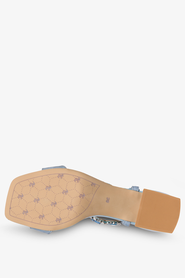 Niebieskie sandały skórzane damskie na klocku z kryształkami PRODUKT POLSKI Casu 2535