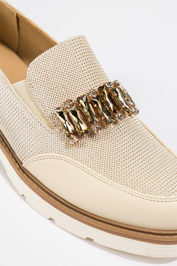 Beżowe mokasyny damskie błyszczące z kryształkami gumki w cholewce skórzana wkładka Casu JW25X5-G