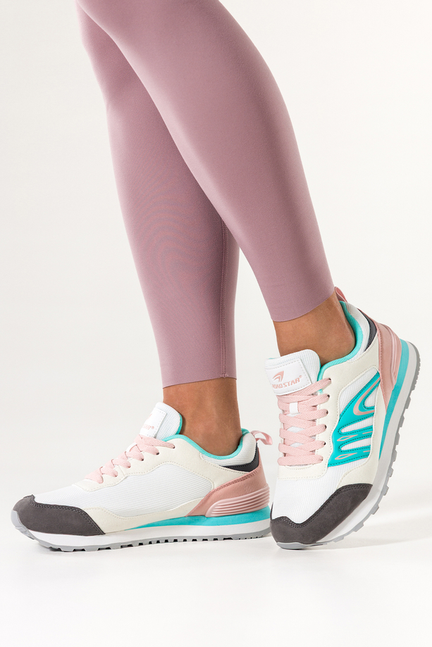 Białe sneakersy damskie buty sportowe na żłobionej podeszwie sznurowane niebieskie wstawki Casu 7398-89D