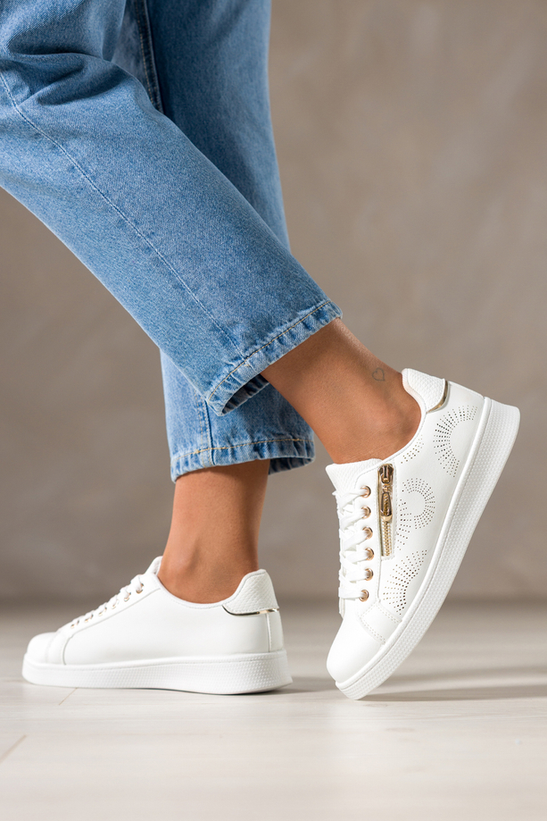 Białe sneakersy damskie buty sportowe z ozdobnym złotym zamkiem sznurowane Casu DXU-32