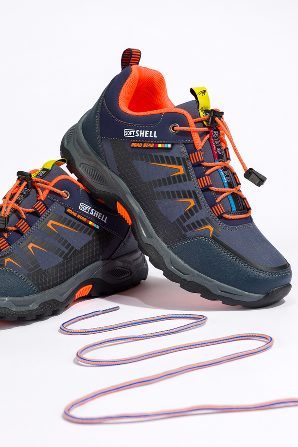 Granatowe buty trekkingowe damskie buty sportowe na bieżnikowanej podeszwie z regulowaną elastyczną sznurówką pomarańczowe wstawki softshell Casu 2213-5W