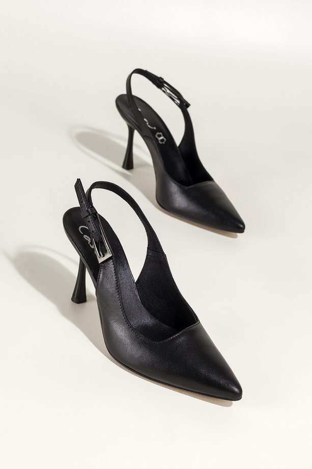 Czarne czółenka skórzane damskie szpilki z odkrytą piętą obcas kieliszek PRODUKT POLSKI Casu 7007-899