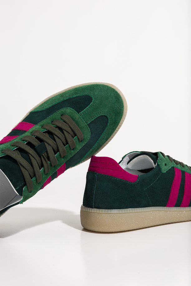 Zielone sneakersy skórzane damskie buty sportowe z fuksjowymi wstawkami sznurowane PRODUKT POLSKI Casu N1068