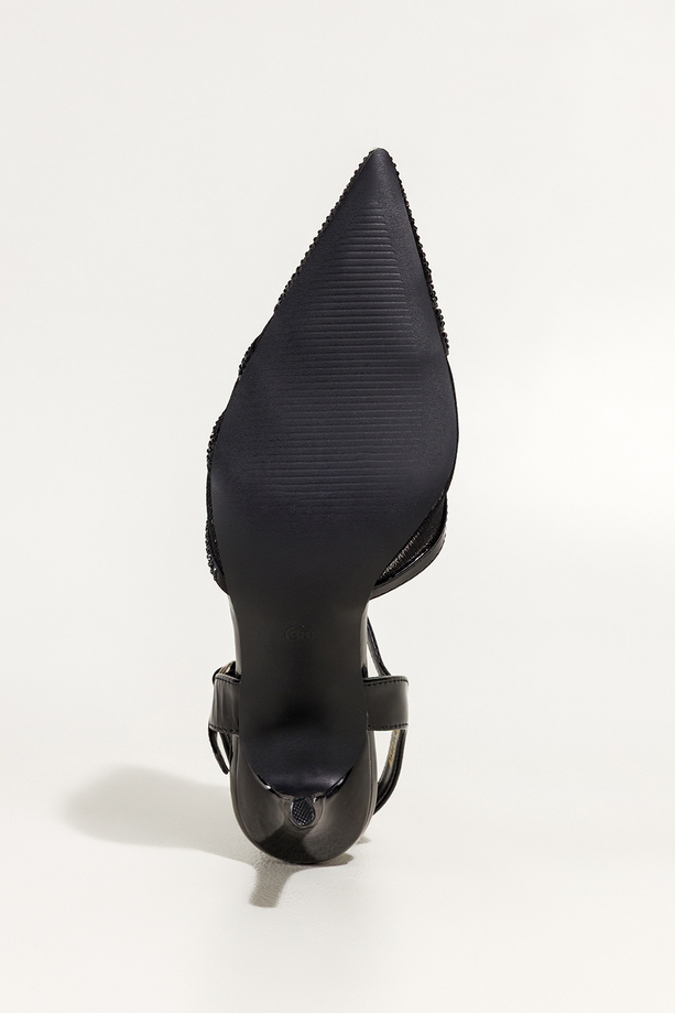 Czarne czółenka damskie szpilki z siateczką ozdobione cyrkoniami odkryta pięta Carla N876