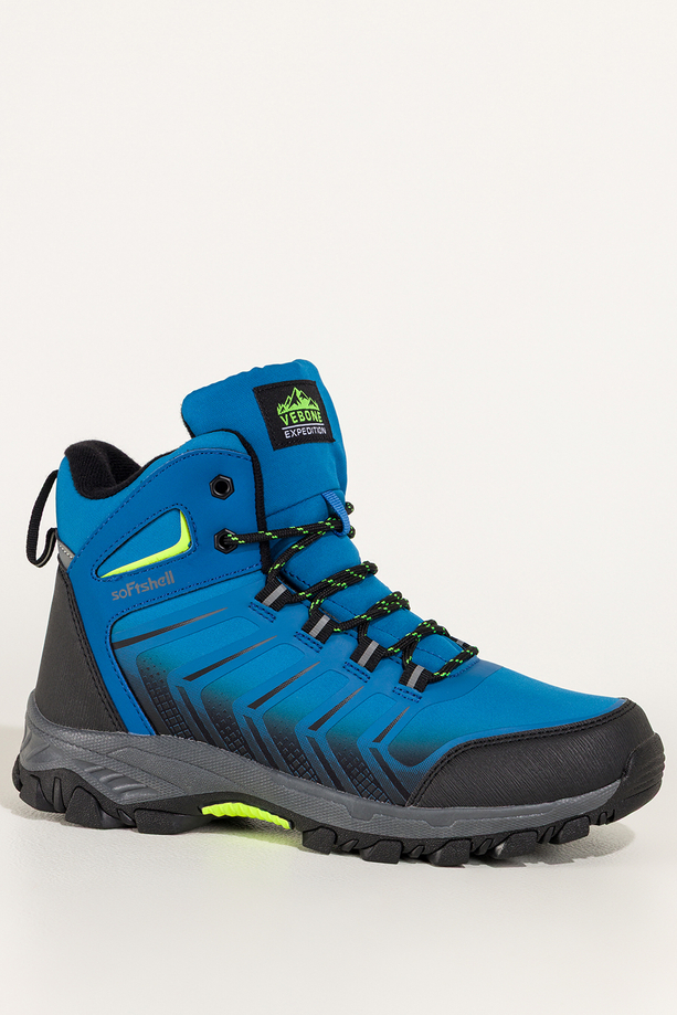 Niebieskie buty trekkingowe damskie softshell na bieżnikowanej podeszwie czarne wstawki sznurowane Carla EY82939-1