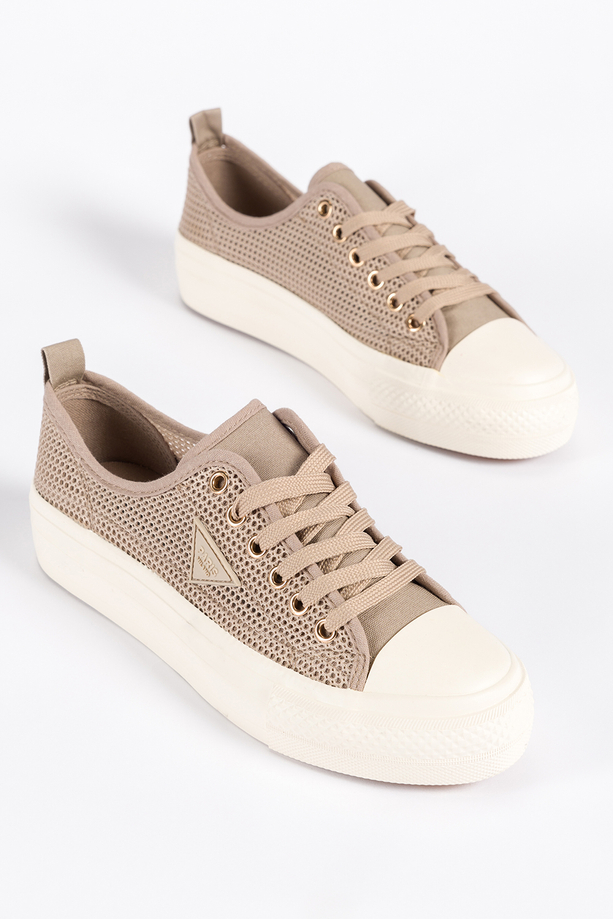 Beżowe trampki damskie ażurowe sneakersy z ozdobą na platformie sznurowane Carla QY851-63