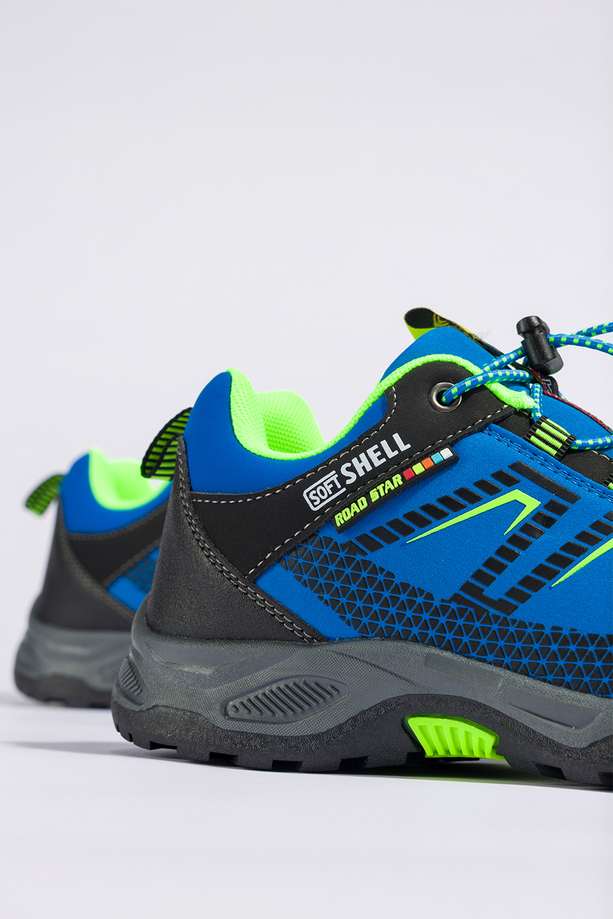 Niebieskie buty trekkingowe damskie buty sportowe na bieżnikowanej podeszwie z regulowaną elastyczną sznurówką seledynowe wstawki softshell Casu 2213-6W