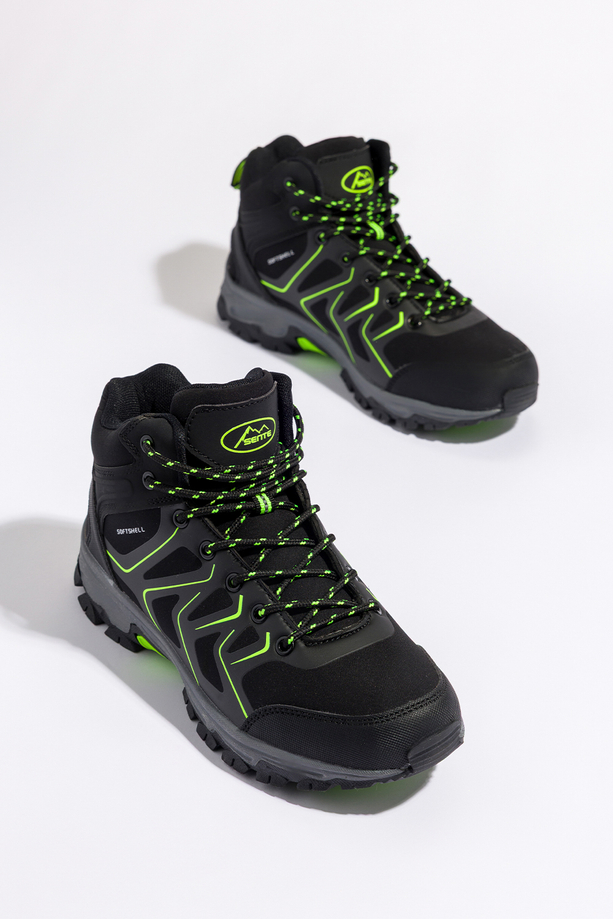 Czarne buty trekkingowe damskie z seledynowymi dodatkami sznurowane softshell Casu B2115-2