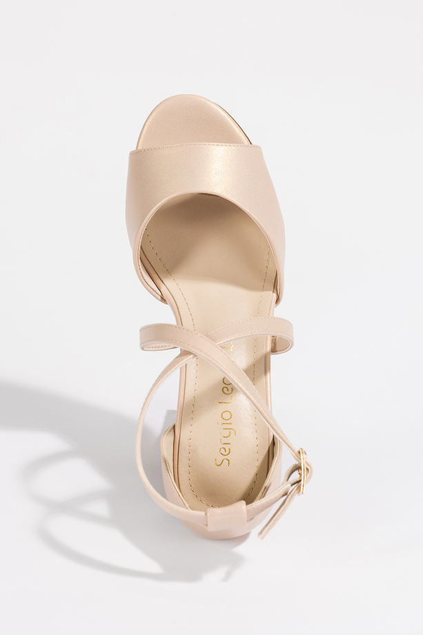 Złote sandały damskie szpilki satynowe Sergio Leone z zakrytą piętą paski na krzyż skórzana wkładka SK433-CA