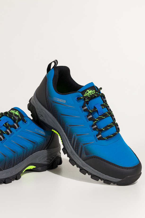 Niebieskie buty trekkingowe damskie buty sportowe softshell na bieżnikowanej podeszwie czarne wstawki sznurowane Carla EY82933-1
