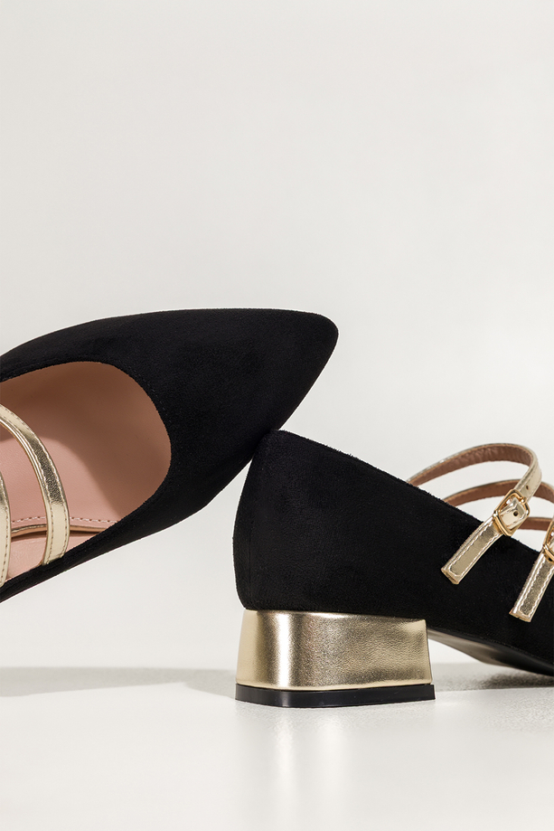 Czarne baleriny damskie Mary Jane na niskim obcasie złote paski na cholewce Carla N473K