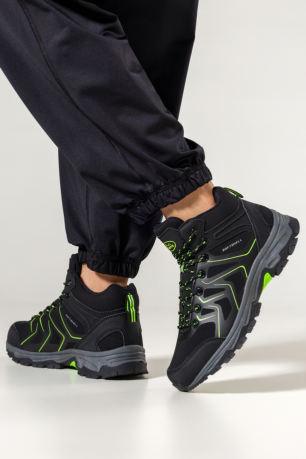 Czarne buty trekkingowe damskie z seledynowymi dodatkami sznurowane softshell Casu B2115-2