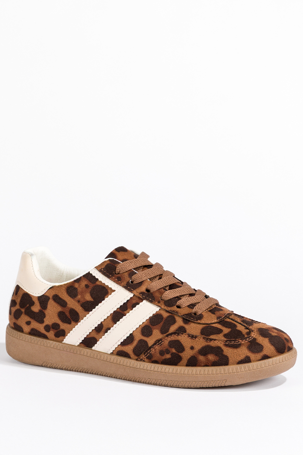 Brązowe sneakersy damskie buty sportowe na elastycznej płaskiej podeszwie lamparci wzór podwójne sznurówki Casu B-6610
