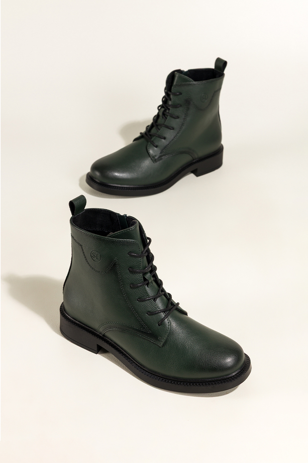 Zielone botki skórzane damskie Sergio Leone na szerokim klocku ozdobna podeszwa sznurowane YG74827-H