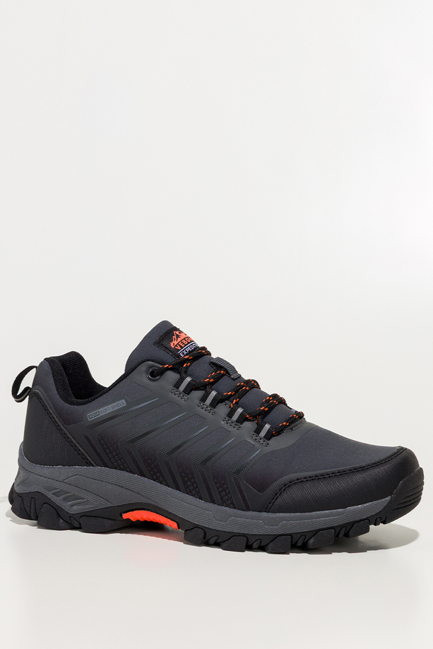 Szare buty trekkingowe damskie buty sportowe softshell na bieżnikowanej podeszwie pomarańczowe wstawki sznurowane Carla EY82933-3