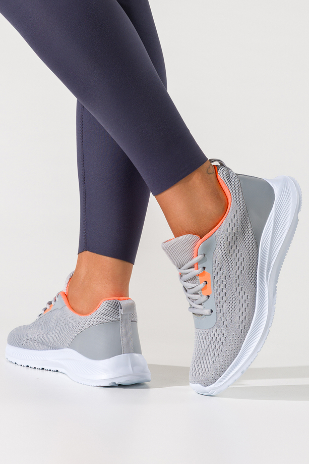 Szare sneakersy damskie buty sportowe na fitness elastyczna biała podeszwa pomarańczowe wstawki sznurowane Casu HL22122-5