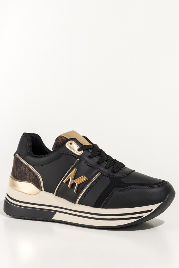 Czarne sneakersy damskie buty sportowe na żłobionej platformie sznurowane złota ozdoba Casu DD769