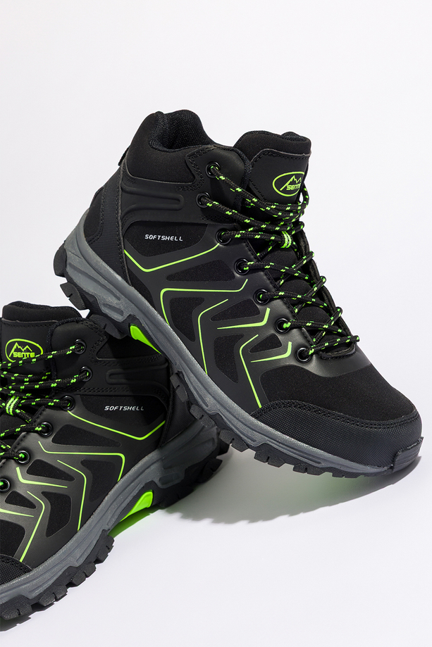 Czarne buty trekkingowe damskie z seledynowymi dodatkami sznurowane softshell Casu B2115-2