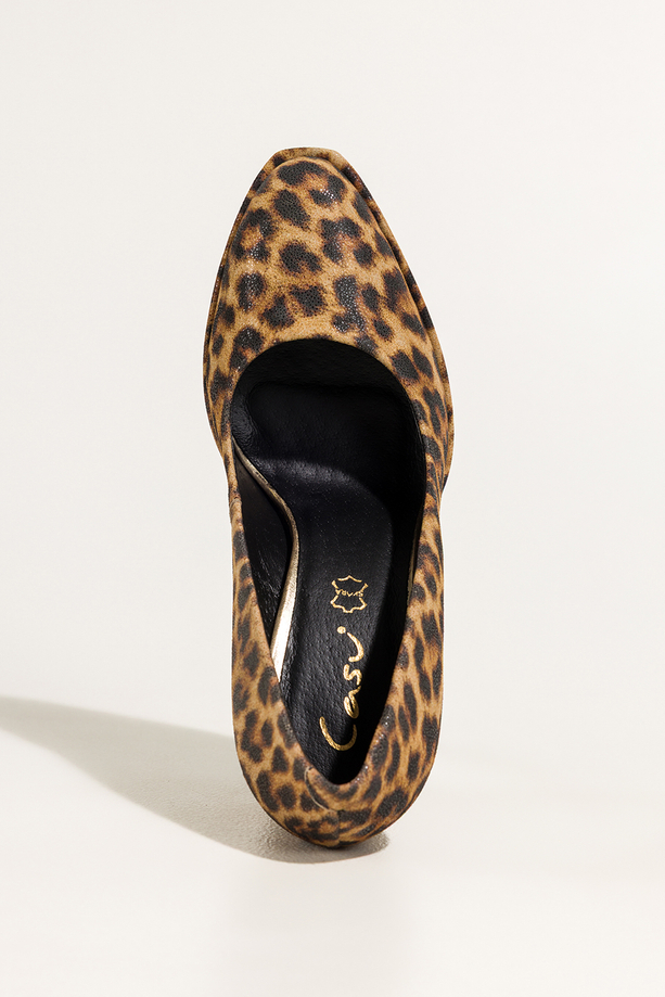 Beżowe czółenka skórzane damskie na słupku wzór panterki PRODUKT POLSKI Casu 7253-016