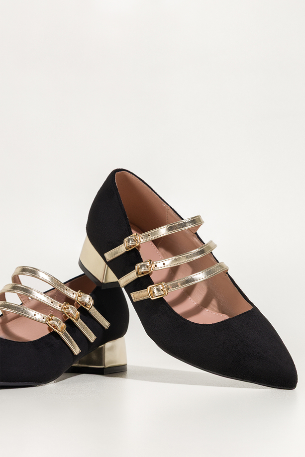 Czarne baleriny damskie Mary Jane na niskim obcasie złote paski na cholewce Carla N473K