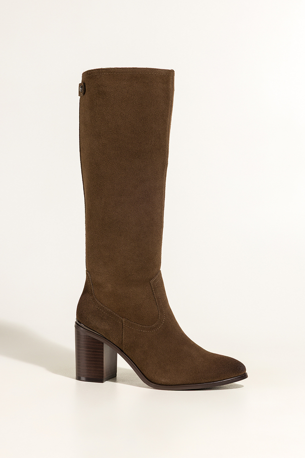 Brązowe kozaki skórzane damskie Sergio Leone przed kolano na ozdobnym słupku pasek z nitami PA74331-H