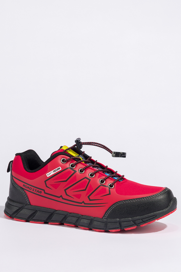 Czerwone buty trekkingowe damskie buty sportowe na bieżnikowanej podeszwie z regulowaną elastyczną sznurówką czarne wstawki softshell Casu 2309-3W