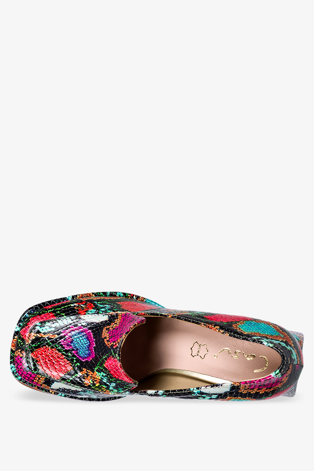 Wielokolorowe mokasyny skórzane na klocku wzór wężowy PRODUKT POLSKI Casu 3195-R