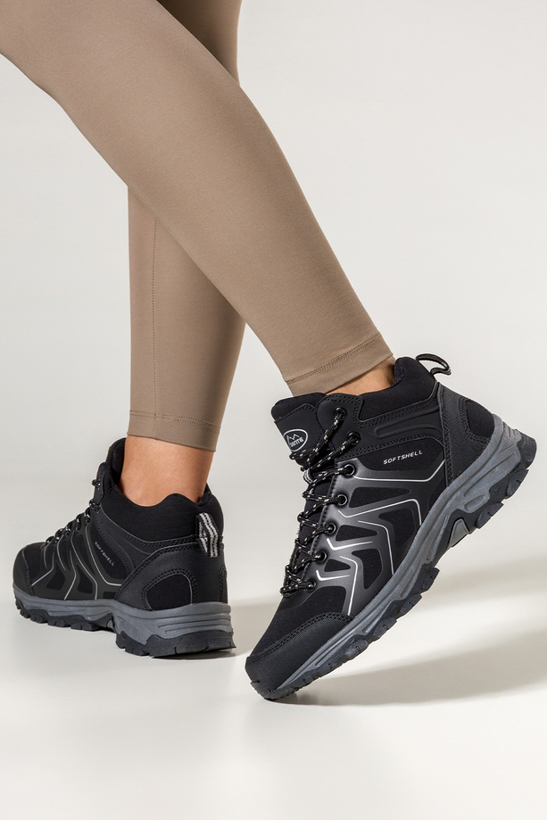 Czarne buty trekkingowe damskie z szarymi dodatkami sznurowane softshell Casu B2115-1