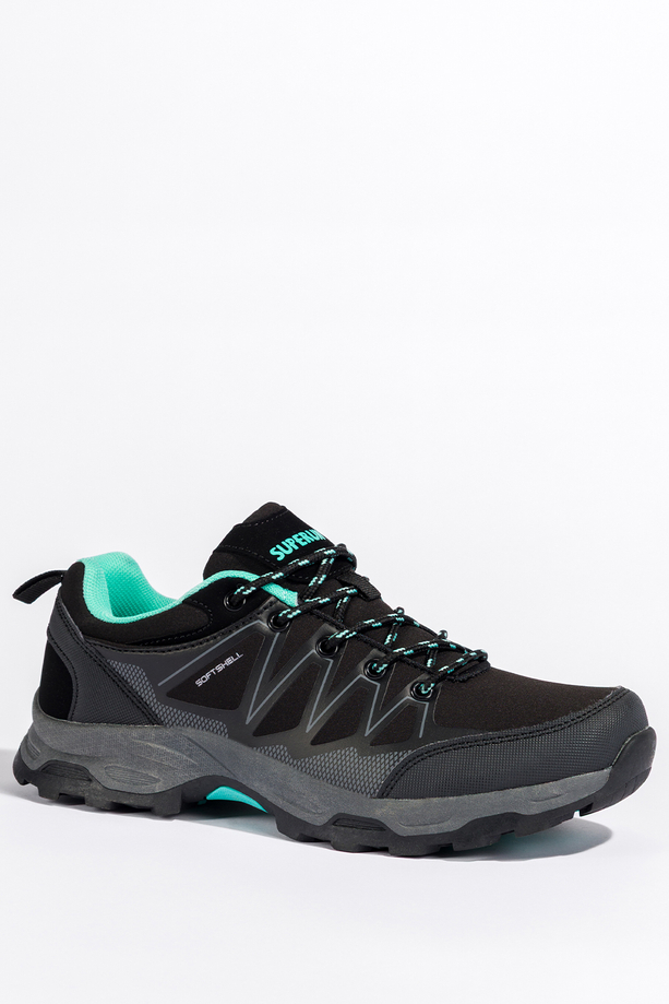 Czarne buty trekkingowe damskie buty sportowe softshell na bieżnikowanej podeszwie sznurowane turkusowe wstawki Carla 8452