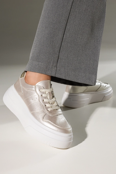 Złote sneakersy skórzane damskie Sergio Leone na platformie sznurowane SP-100-CA